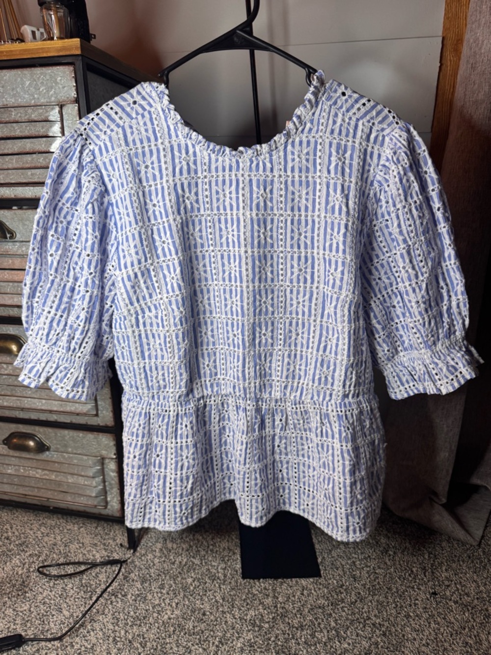 Women's Light Blue & White Textured Peplum Tunic